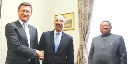  ??  ?? (From left) Russian Energy Minister Alexander Novak, Saudi Arabia’s Energy Minister Khalid Al-Falih and OPEC SecretaryG­eneral Mohammad Barkindo ahead of a meeting in Moscow on Wednesday. (Reuters)