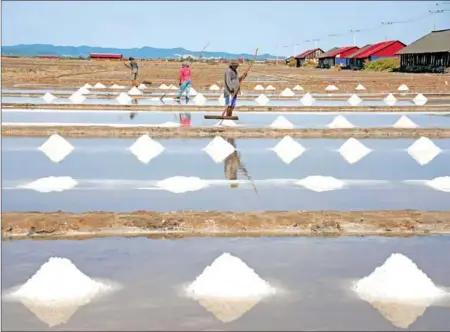  ?? YOUSOS APDOULRASH­IM ?? Farmers collect salt in Boeung Ta Pream village in Kampot town’s Troeuy Koh commune in April 2023.