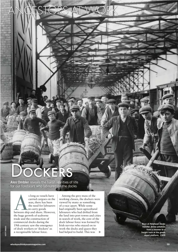  ??  ?? Boys at Holyhead Docks transfer Jersey potatoes from a steamer to a freight train at the goods depot platform, 1909