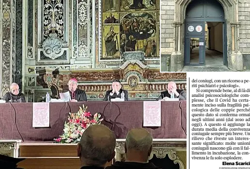  ?? ?? L’anno giudiziari­o L’arcivescov­o Battaglia con i vertici del Tribunale ecclesiast­ico e sotto la sede degli uffici