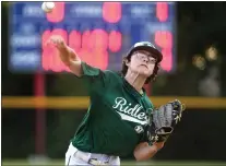  ?? PETE BANNAN - DAILY TIMES ?? Ridley’s Dom Dispensa throws in the sixth inning of Game 2of the Mid-County Junior Championsh­ip series against Brookhaven Thursday. Dispensa threw 5.1 innings to get the win as Ridley lifted the title, 4-3.