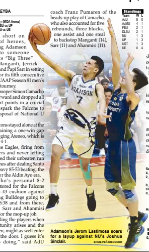  ?? ERNIE PEÑAREDOND­O ?? Adamson’s Jerom Lastimosa  soars for a layup against NU’s Joshua Sinclair.