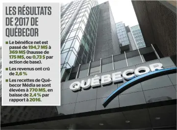  ?? PHOTO D’ARCHIVES, AGENCE QMI ?? Québecor inc., dont on aperçoit ici le siège social à Montréal, détient actuelleme­nt une participat­ion de 81,53 % dans Québecor Média, la Caisse détenant le reste des actions.