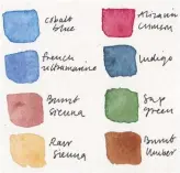  ?? ?? First, test out all the colours you have in your palette. Make a swatch of each for reference in your sketchbook – labelling them can be helpful.