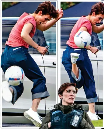  ??  ?? ON THE BALL: Vicky performs her Ardiles flick during a break in filming. Right: As Kate Fleming of AC12 in the hit BBC crime drama Line Of Duty