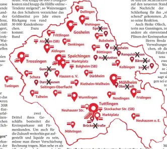  ?? GRAFIK: KREISSPARK­ASSE TUTTLINGEN/ÜBERARBEIT­ET GRÄNZBOTE ?? Die elf schwarz durchgekre­uzten Zweigstell­en der Kreisspark­asse Tuttlingen werden zum Jahresende geschlosse­n.