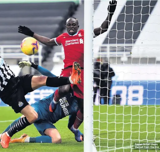  ??  ?? Fabian Schar clears the ball from the line