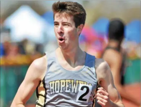  ?? KYLE FRANKO — TRENTONIAN PHOTO ?? Hopewell Valley’s Sean Dolan crosses the finish line in first place during the 4x800 at the Mercer Relays at WW-P North on Saturday morning.