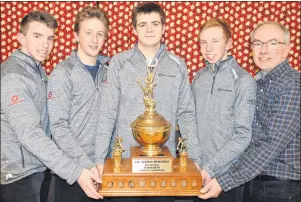  ?? AMY DUNCAN PHOTO ?? Skip Alex MacFadyen, from left, James Dalton, mate; Leslie Noye, second stone; Parker MacFadyen, lead, and coach David MacFadyen from the Silver Fox in Summerside won the team’s first Pepsi P.E.I. junior men’s curling championsh­ip at the Maple Leaf...