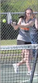  ?? Scott Herpst ?? LaFayette’s No. 1 singles player, Abby Keys, returns a backhand during a recent home match. Keys and the Lady Ramblers were slated to host Gilmer in the first round of the Class AAA state tournament on Tuesday of this week.