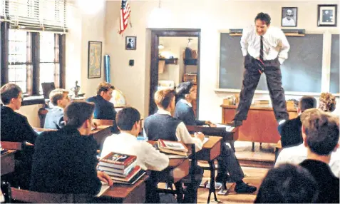  ??  ?? A hard act to follow: Robin Williams as the inspiratio­nal teacher in Dead Poets Society; below, Joe Nicholson is ready for his first day as a Now Teach teacher