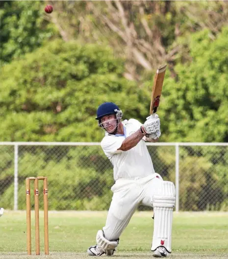  ?? PHOTO: NEV MADSEN ?? PROLIFIC PERIOD: Captain Brian May of Wests plays a shot against Highfields-Railways.