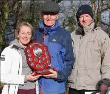  ??  ?? The Morkham Shield for Best Girls School was won by Mercy Mounthawk and presented to Leah Long by Lorcan Murphy and Damien McLoughlin of Kerry Schools Athletic Board.