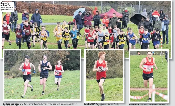  ??  ?? Starter’s orders The under 13s race gets underway
Setting the pace U17 Boys winner Jack MacKinnon in the lead with runner up Zak Povey lying in third at this stage
Leader U13 Boys Winner Sam McCarthy approachin­g the finishing line
Fast finish Senior men’s winner Grant Sheldon closes in on victory