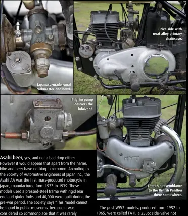  ??  ?? Japanese-made Amal carburetto­r and bowl. Pilgrim pump delivers thelubrica­nt.Drive side with neat alloy primarycha­incase. There’s a resemblanc­e to the British Pantherthe­re somewhere.
