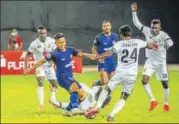  ?? CHENNAIYIN FC ?? Chennaiyin FC striker Jeje Lalpekhlua (second from left) scored the decisive goal against Colombo FC in the 68th minute.