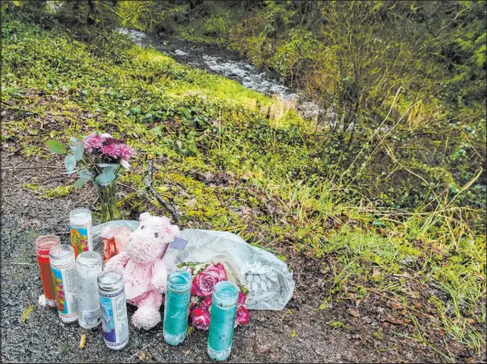  ?? Amanda Cowan
The Associated Press ?? A memorial overlooks Gibbons Creek as people Thursday honor the memory of Meshay Melendez, 27, and her daughter, Layla Stewart, 7, in Washougal, Wash. Former boyfriend Kirkland Warren is a suspect in their deaths.