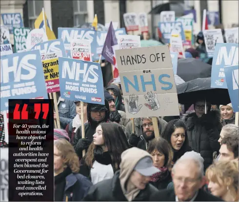  ??  ?? A demonstrat­ion in support of the NHS following the most recent winter crisis. The service has seen demands for more spending ever since its inception in 1948.