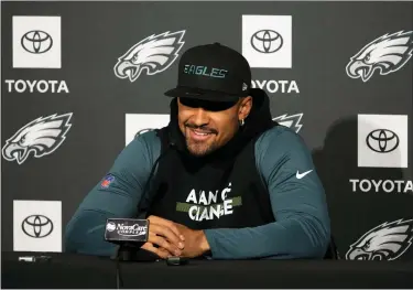  ?? AP PHOTO/MATT SLOCUM ?? Philadelph­ia Eagles’ Jalen Hurts smiles during a news conference at the NFL football team’s training facility, Thursday, Feb. 2, 2023, in Philadelph­ia. The Eagles are scheduled to play the Kansas City Chiefs in Super Bowl LVII on Sunday, Feb. 12, 2023.