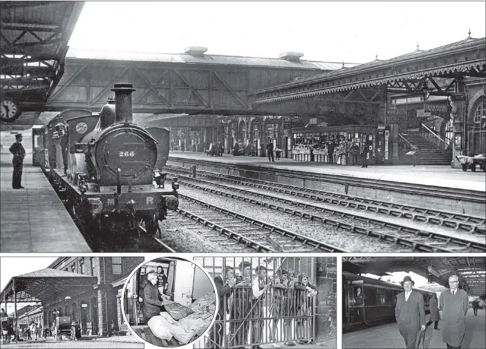  ??  ?? AGE OF STEAM: Main picture, Sheffield Station. From left, 1870s frontage before the station was enlarged; mail sacks loaded on to a train in 1986; trainspott­ers, September 1953; Dr Beeching, left, at Sheffield Station.