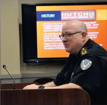  ?? ?? Cameron Hutchinson of Hutch Ambulance Service Inc. makes a presentati­on during a City of Swift Current council meeting, Jan. 9.