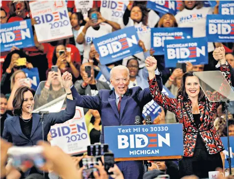  ?? ?? On the road to victory: Joe Biden on the campaign trail in Detroit in 2020 with Harris and Whitmer, two potential candidates for 2024