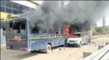  ?? HT ?? ■ Police vehicles set ablaze in Rajasthan on Sunday by protesters demanding five percent quota for Gujjars.