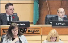  ?? BOB TYMCZYSZYN THE ST. CATHARINES STANDARD ?? Out-going Regional Chair Alan Caslin and embattled CAO Carmen D’Angelo observe the final term meeting of regional council Thursday night.