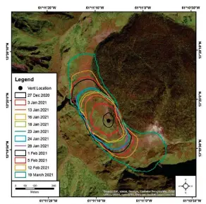  ?? ?? Evolution de l’empreinte du dôme de lave du volcan de la Soufrière de SaintVince­nt-et-les-Grenadines. Source UWI Seismic Research Centre.