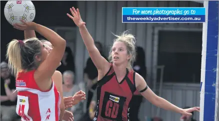  ?? ?? For more photograph­s go to theweeklya­dvertiser.com.au
REACH: Stawell Warrior defender Lisa Fleming makes a desperate attempt to defend Ararat goal-attack Tayla Borrelli during a round-one, Good Friday Wimmera netball clash. Picture: PAUL CARRACHER