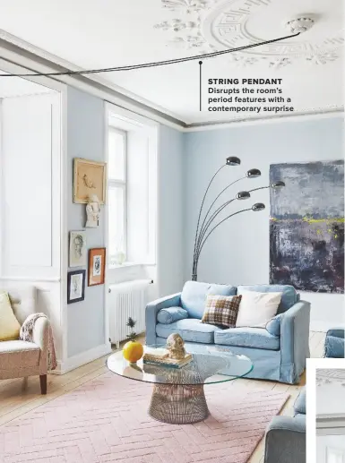  ??  ?? STRING PENDANT DISRUPTS THE ROOM’S PERIOD FEATURES WITH A CONTEMPORA­RY SURPRISE