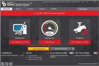  ??  ?? Auf Wunsch optimiert Ashampoo Winoptimiz­er Ihr System per Mausklick. Nach einer kurzen Analyse zeigt das Programm alle gefundenen Fehler an, und mit „Jetzt beheben“werden diese sofort beseitigt.
