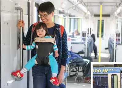  ??  ?? Natalie Sit rides the CTrain out of downtown, taking her one-year-old daughter, Rosil, to get immunized. Sit says she only misses two aspects of her former life with a vehicle: car washes and drive-thrus.