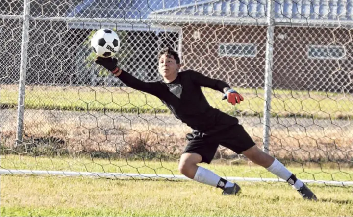  ??  ?? Moriarty goalkeeper Isaac Dominguez diving for the ball during a pass-and-shoot drill at a recent summer workout. Photo by Ger Demarest.