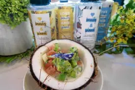  ??  ?? Love Beauty and Planet’s latest variants, Coconut Oil and YlangYlang (Yellow) and Coconut Water and Mimosa Flower (Blue), are celebrated over lunch at Anya Resort Tagaytay.