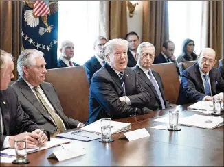  ?? ABACA PRESS / TNS ?? President Donald Trump speaks Monday during a Cabinet meeting at the White House in Washington. Trump later said he was fighting for “the biggest tax cuts in the history of our nation.”