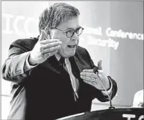  ?? RICHARD DREW/AP ?? Attorney General William Barr told a cybersecur­ity conference that authoritie­s need access to encrypted data.