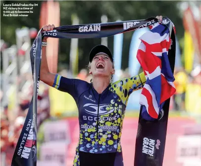  ??  ?? Laura Siddall takes the IM NZ victory in a time of 9:00:45 to become its first British winner