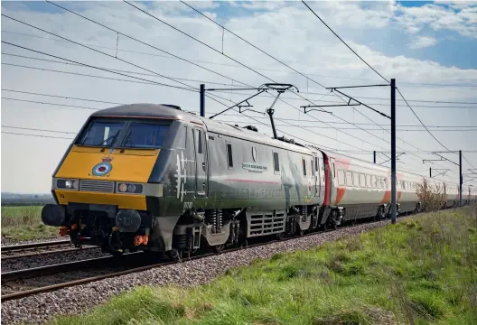  ?? (Nick Green) ?? LNER’s Class 91 91110 Battle of Britain Memorial Flight works the 5Z50 refresher run from Peterborou­gh to Neville Hill at Weston on March 31. Grand Union has submitted a new proposal to the ORR to use the type on four daily Cardiff to Paddington diagrams.