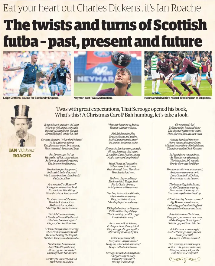 ??  ?? Leigh Griffiths: double for Scotland v England. Neymar: cost PSG £200 million. Hearts ended Celtic’s record-breaking run at 69 games.