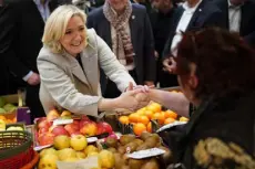  ?? Joan Mateu Parra, The Associated Press ?? Conservati­ve candidate Marine Le Pen shakes hands with a fruit vendor as she campaigns at a food market Friday in Narbonne, France. Voters will go to the polls on Sunday.