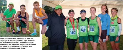  ??  ?? Die 5 km-pretdraf vir ope-mans is deur die 14-jarige JC Farmer (middel), ‘n gr. 9-leerder by Hoërskool Outeniqua, ingepalm. Luther Blaauw (links) en Renier Jansen (regs), beide gr. 8-leerders by Hoêrskool George, was onderskeid­elik tweede en derde. Die...