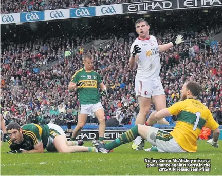  ??  ?? No joy: Conor McAliskey misses a goal chance against Kerry in the
2015 All-Ireland semi-final