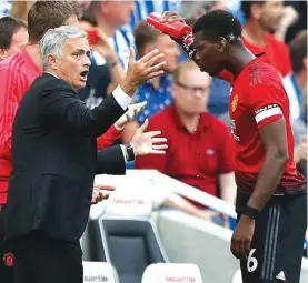  ??  ?? Man United manager Jose Mourinho talks to Paul Pogba during yesterday’s match against Brighton