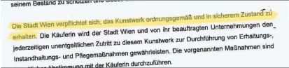  ??  ?? Für die Wiener Festwochen (Foto von 1991) wurde die Arbeit „Smashed to Pieces“von Lawrence Wiener am Flakturm realisiert. Die Stadt verpflicht­ete sich, laut Faksimile, zum Erhalt des Werks.