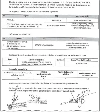  ??  ?? En el acta de apertura se puede notar que solo tuvieron en cuenta el precio de Engineerin­g.