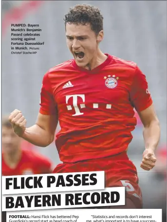  ?? Picture: Christof Stache/AP ?? PUMPED: Bayern Munich's Benjamin Pavard celebrates scoring against Fortuna Duesseldor­f in Munich.