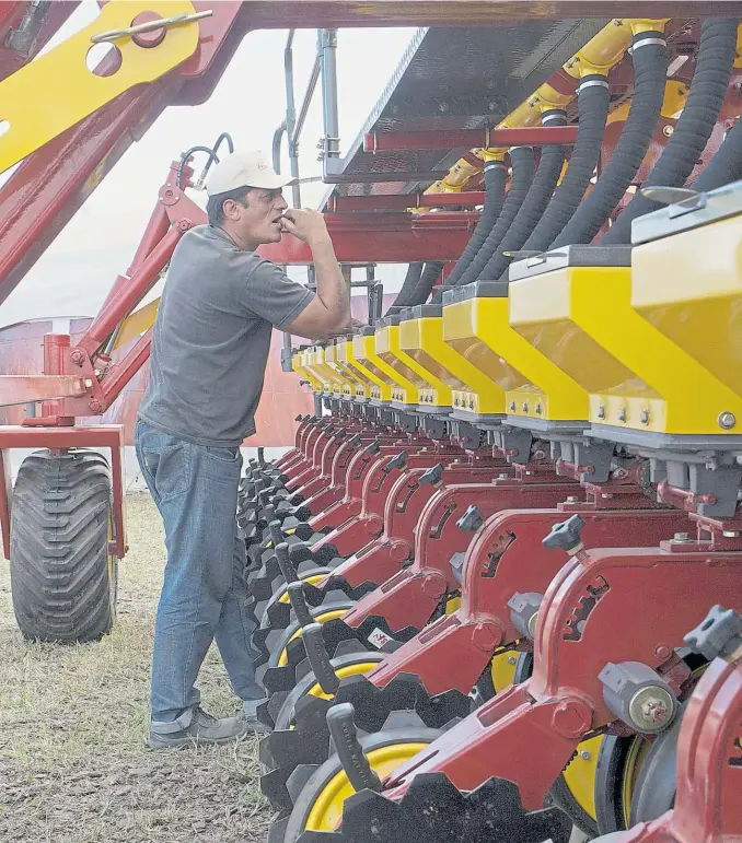  ?? CREDITO ?? Industria nacional. Una imagen típica de Expoagro, el hombre observa los detalles de una sembradora, la máquina que ya forma parte del ADN cultural y económico de la Argentina.