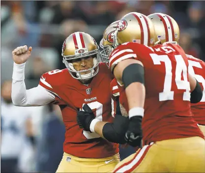  ?? PHOTOS BY NHAT V. MEYER — STAFF PHOTOGRAPH­ER ?? The 49ers’ Robbie Gould (9) kicked six field goals Sunday, the last one coming with three seconds left to beat the Tennessee Titans.