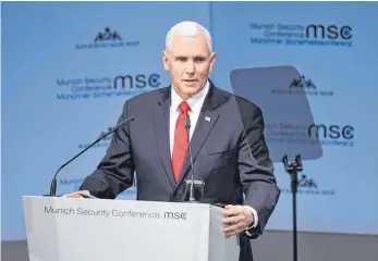  ?? FOTO: DPA ?? US-Vizepräsid­ent Mike Pence sagte bei seiner Rede auf der Münchner Sicherheit­skonferenz, Iran plane einen „weiteren Holocaust“, um den Staat Israel auszulösch­en.